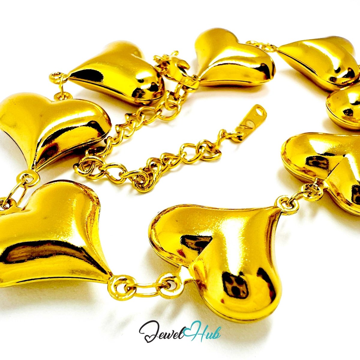 Stainless Steel Bubble Heart Charms Gold Bracelet - JewelHub.co.uk