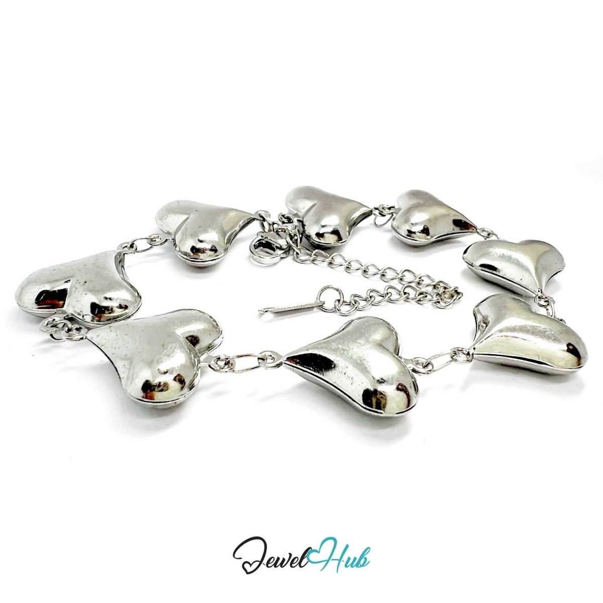 Stainless Steel Bubble Heart Charms Silver Bracelet - JewelHub.co.uk