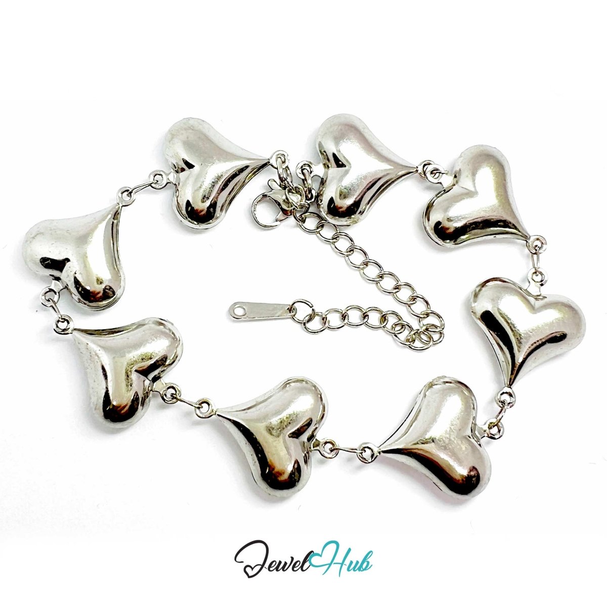 Stainless Steel Bubble Heart Charms Silver Bracelet - JewelHub.co.uk