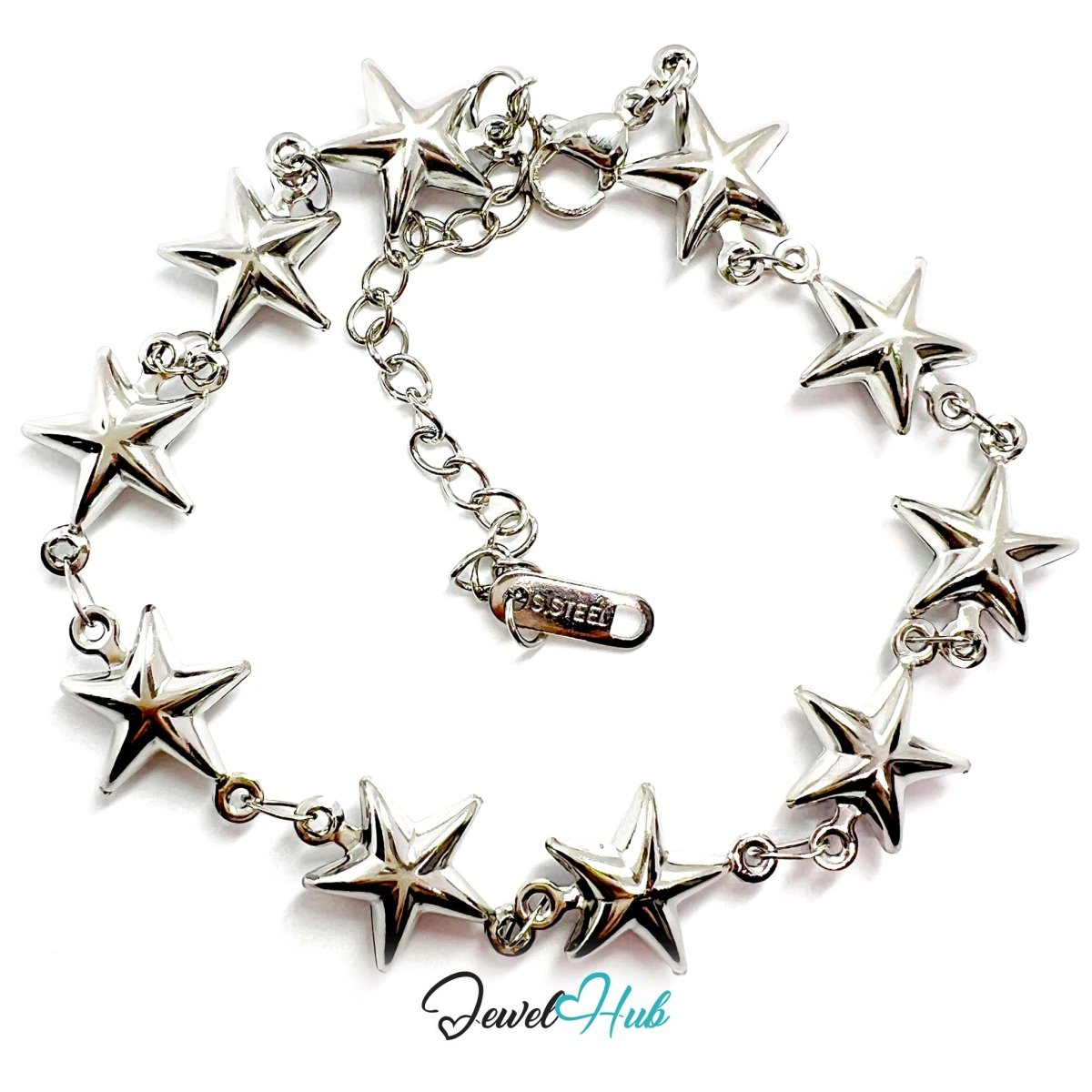 Stainless Steel Bubble Star Charms Silver Bracelet - JewelHub.co.uk