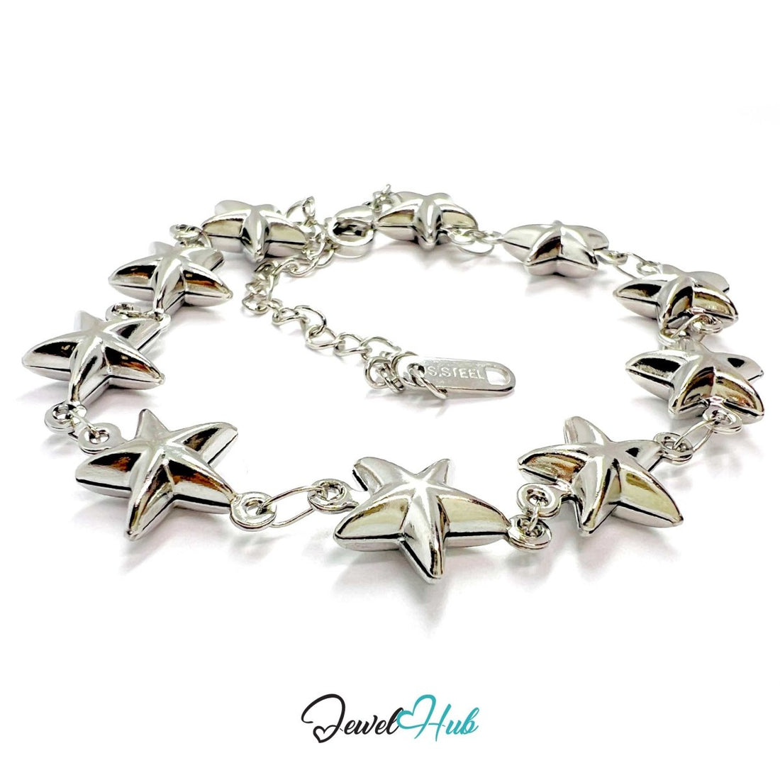 Stainless Steel Bubble Star Charms Silver Bracelet - JewelHub.co.uk
