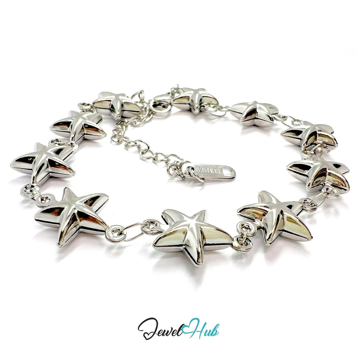 Stainless Steel Bubble Star Charms Silver Bracelet - JewelHub.co.uk