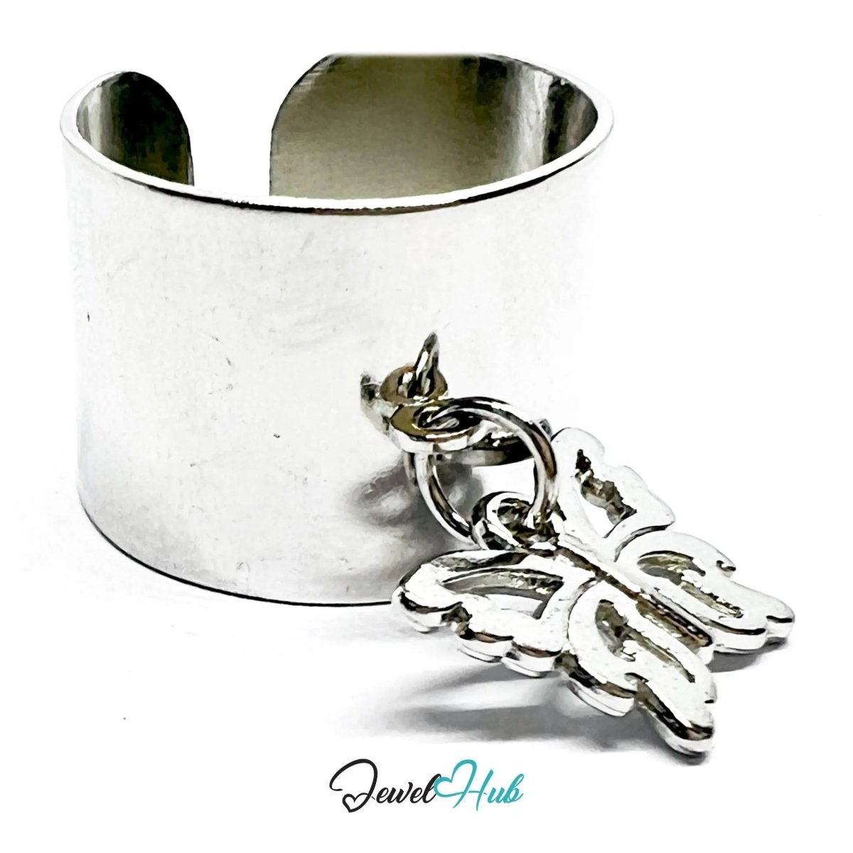 Stainless Steel Charm Ring with Butterfly Pendant – Adjustable MNOPQ Fit - JewelHub.co.uk