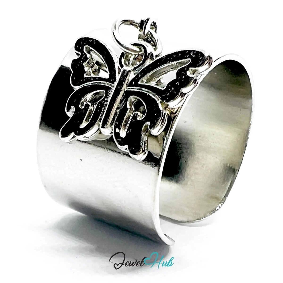 Stainless Steel Charm Ring with Butterfly Pendant – Adjustable MNOPQ Fit - JewelHub.co.uk