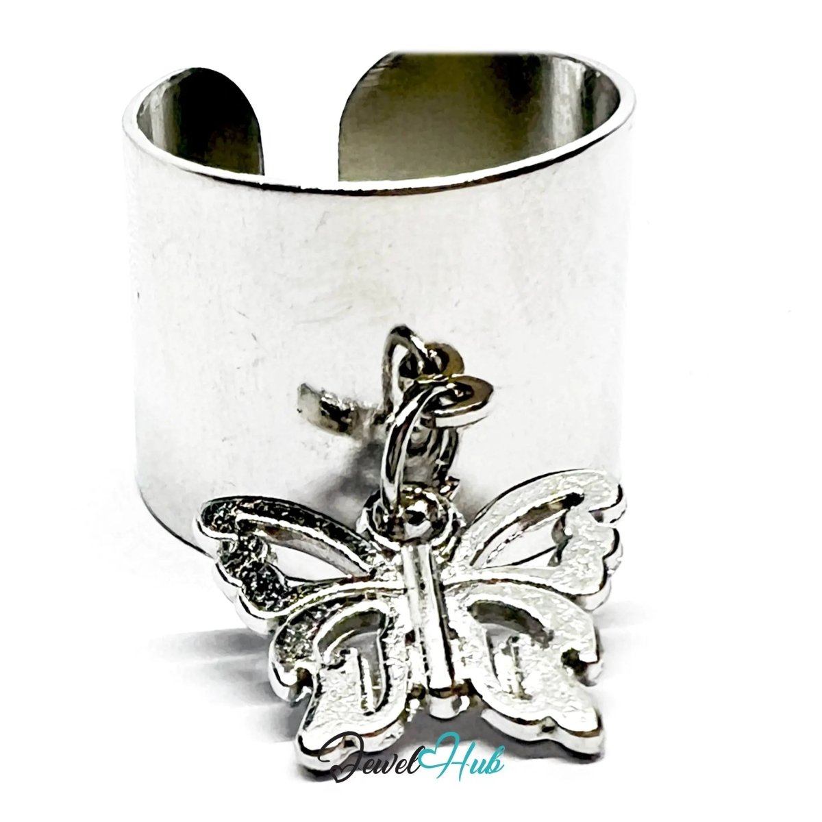 Stainless Steel Charm Ring with Butterfly Pendant – Adjustable MNOPQ Fit - JewelHub.co.uk