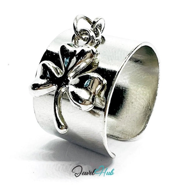 Stainless Steel Charm Ring with Four - Leaf Clover – Adjustable MNOPQ Fit - JewelHub.co.uk