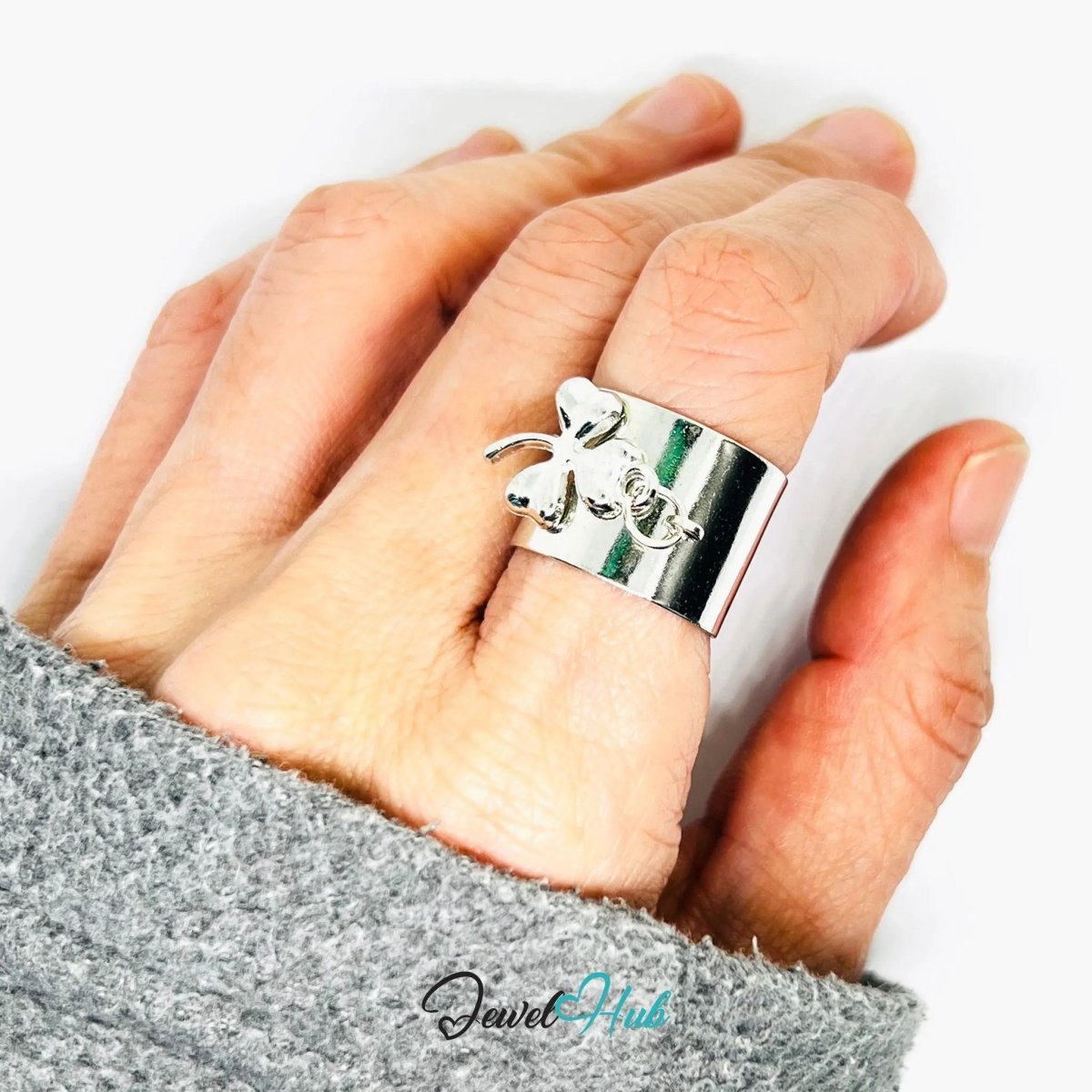 Stainless Steel Charm Ring with Four - Leaf Clover – Adjustable MNOPQ Fit - JewelHub.co.uk