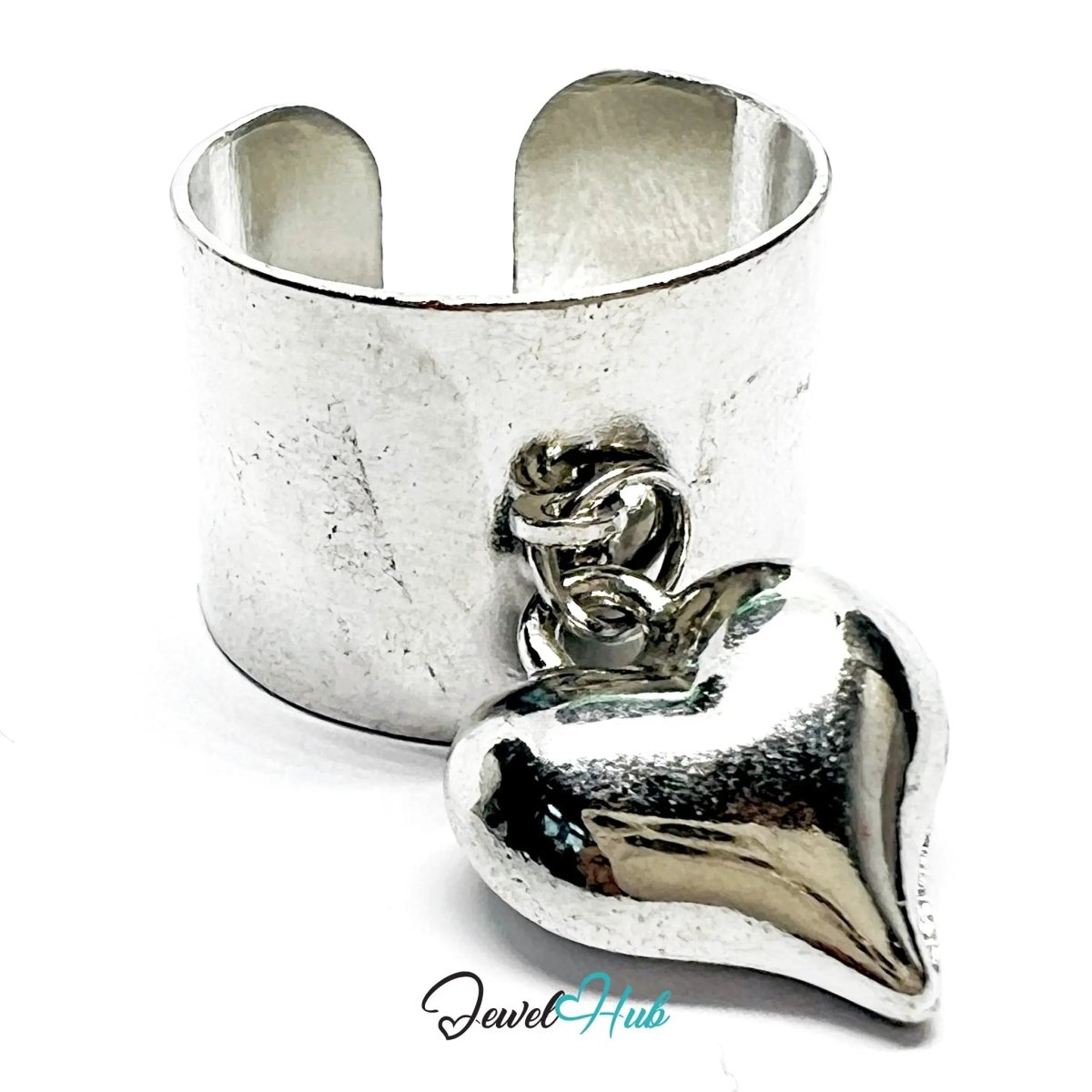 Stainless Steel Charm Ring with Heart Pendant – Adjustable MNOPQ Fit - JewelHub.co.uk