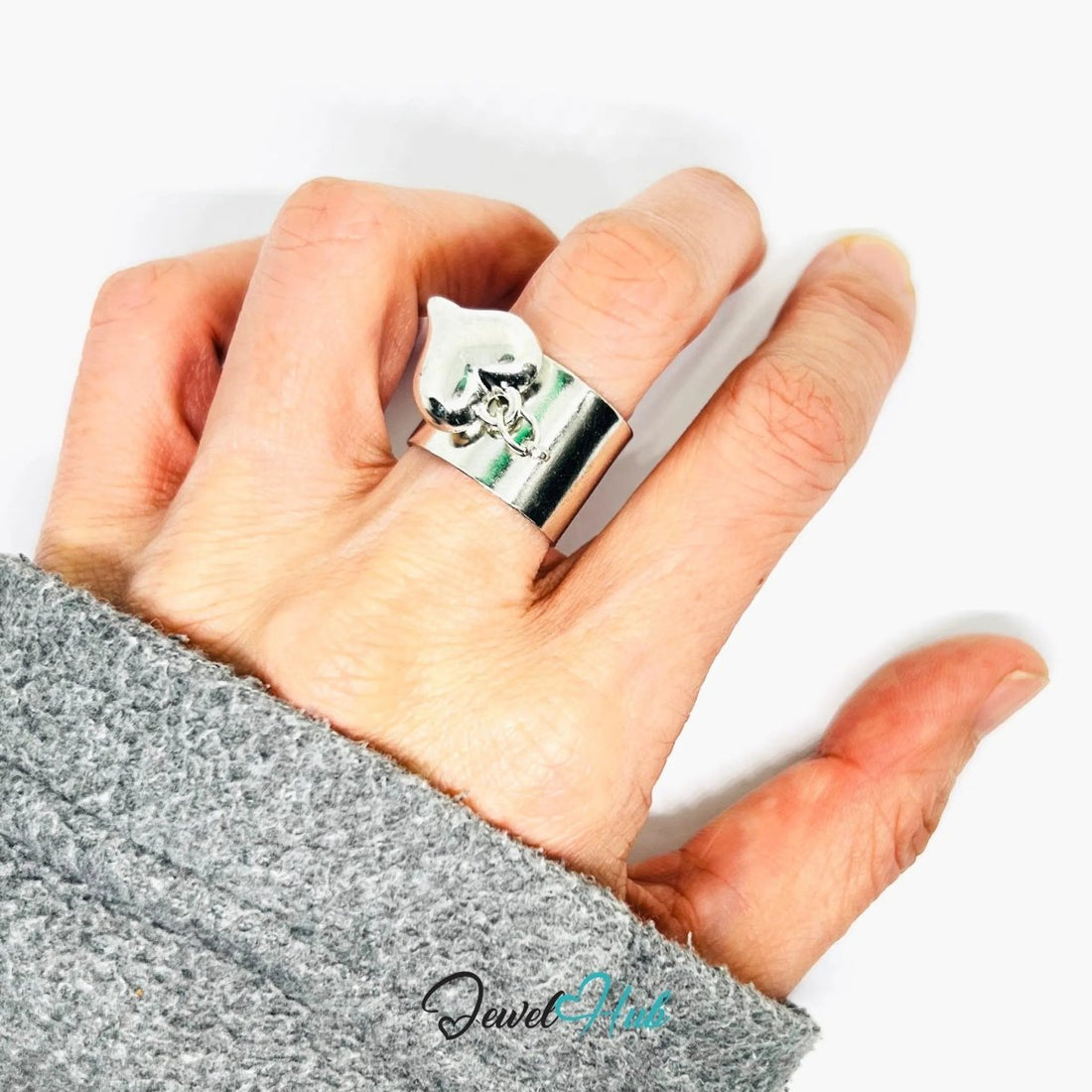 Stainless Steel Charm Ring with Heart Pendant – Adjustable MNOPQ Fit - JewelHub.co.uk