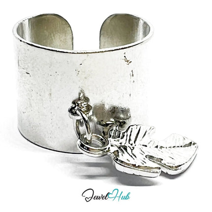 Stainless Steel Charm Ring with Leaf Pendant – Adjustable MNOPQ Fit - JewelHub.co.uk