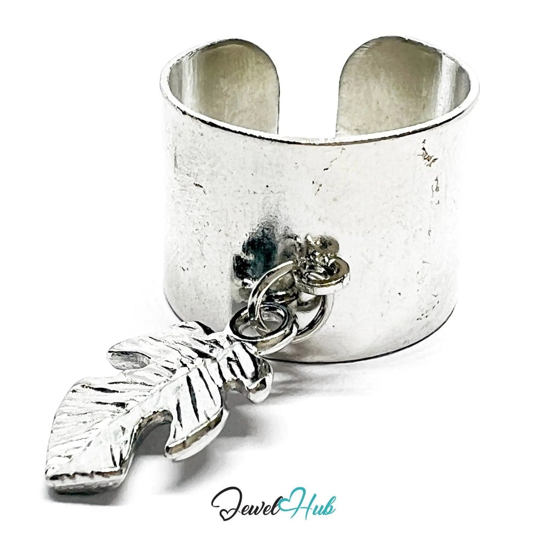 Stainless Steel Charm Ring with Leaf Pendant – Adjustable MNOPQ Fit - JewelHub.co.uk