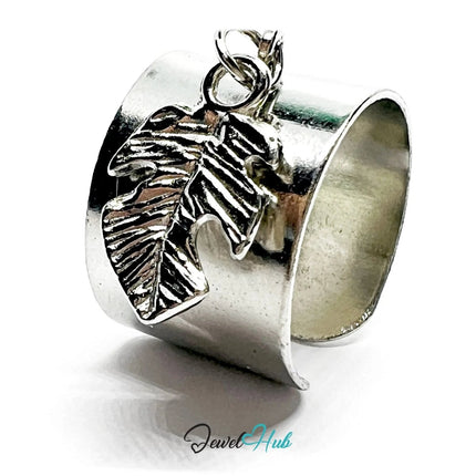 Stainless Steel Charm Ring with Leaf Pendant – Adjustable MNOPQ Fit - JewelHub.co.uk