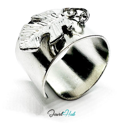Stainless Steel Charm Ring with Leaf Pendant – Adjustable MNOPQ Fit - JewelHub.co.uk
