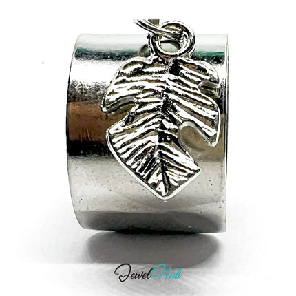 Stainless Steel Charm Ring with Leaf Pendant – Adjustable MNOPQ Fit - JewelHub.co.uk