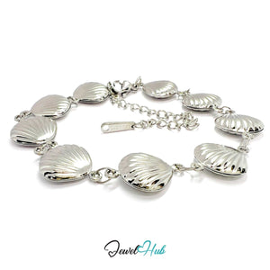 Stainless Steel Coastal Seashell Charms Silver Bracelet - JewelHub.co.uk