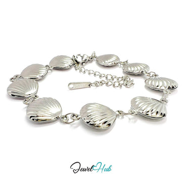 Stainless Steel Coastal Seashell Charms Silver Bracelet - JewelHub.co.uk