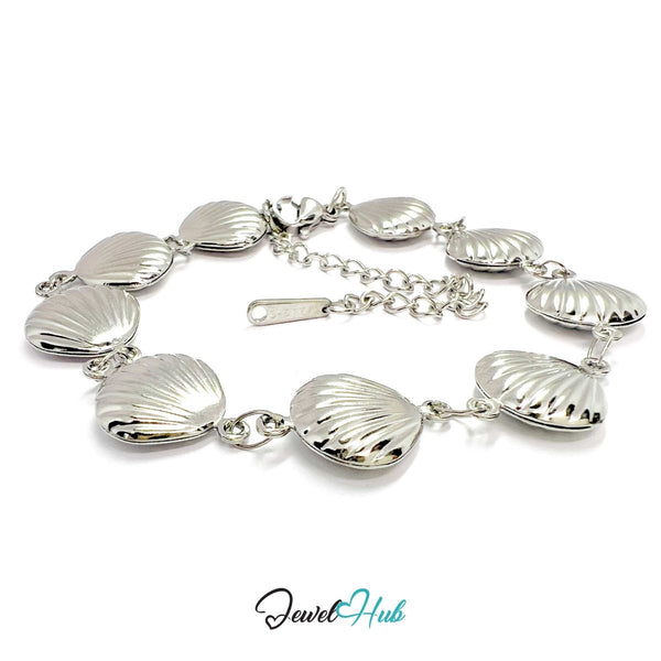 Stainless Steel Coastal Seashell Charms Silver Bracelet - JewelHub.co.uk
