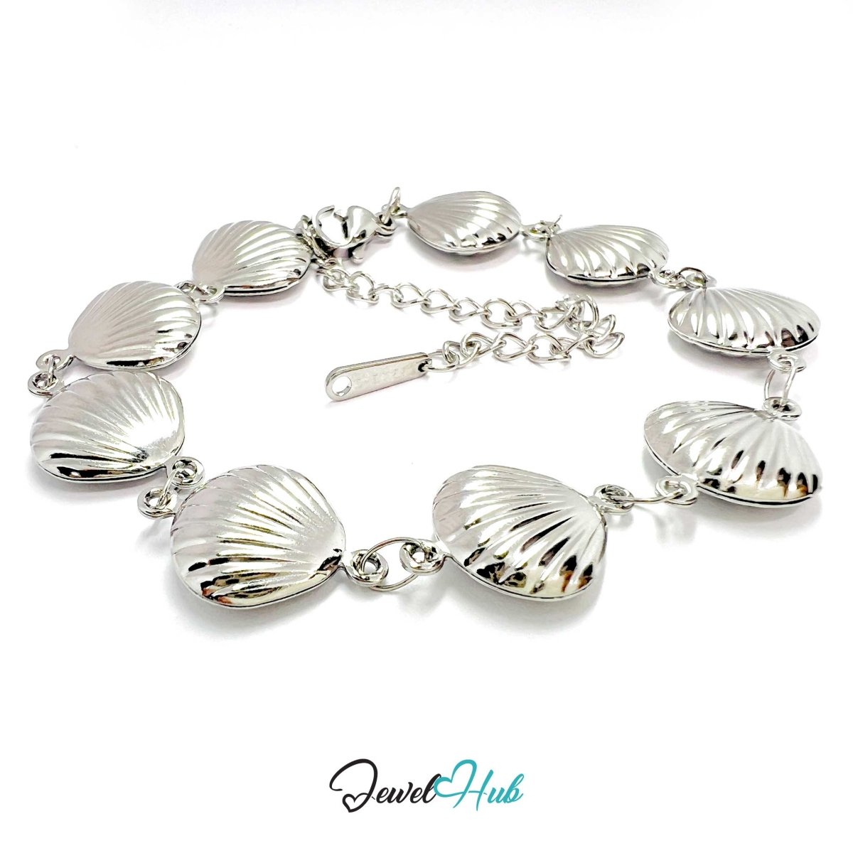 Stainless Steel Coastal Seashell Charms Silver Bracelet - JewelHub.co.uk