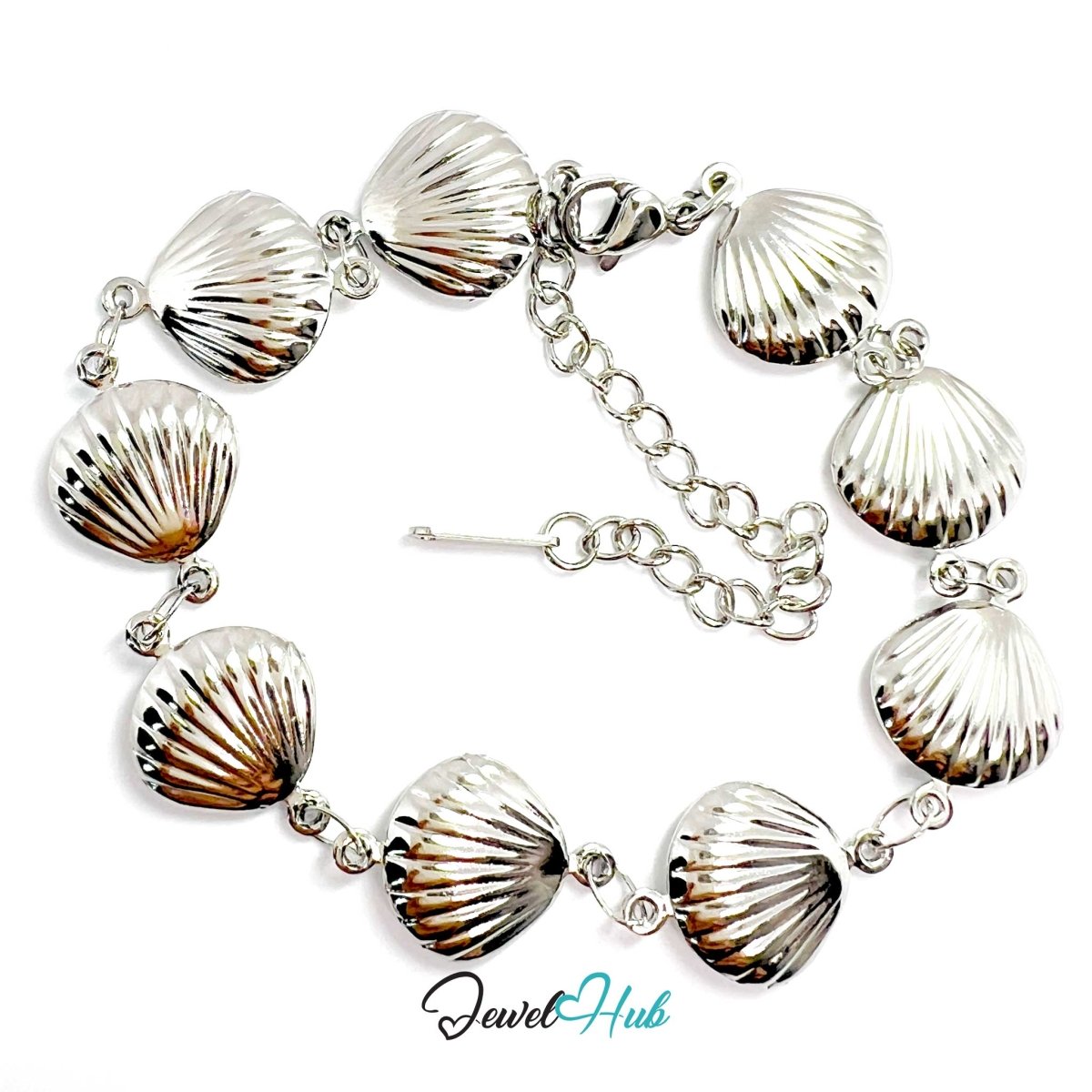 Stainless Steel Coastal Seashell Charms Silver Bracelet - JewelHub.co.uk