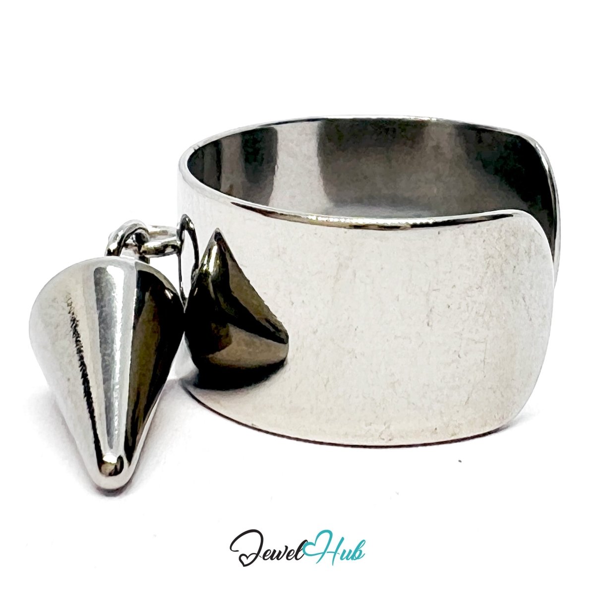 Stainless Steel Cone Charm Ring – Silver - Plated Wide Band, Adjustable Fit - JewelHub.co.uk