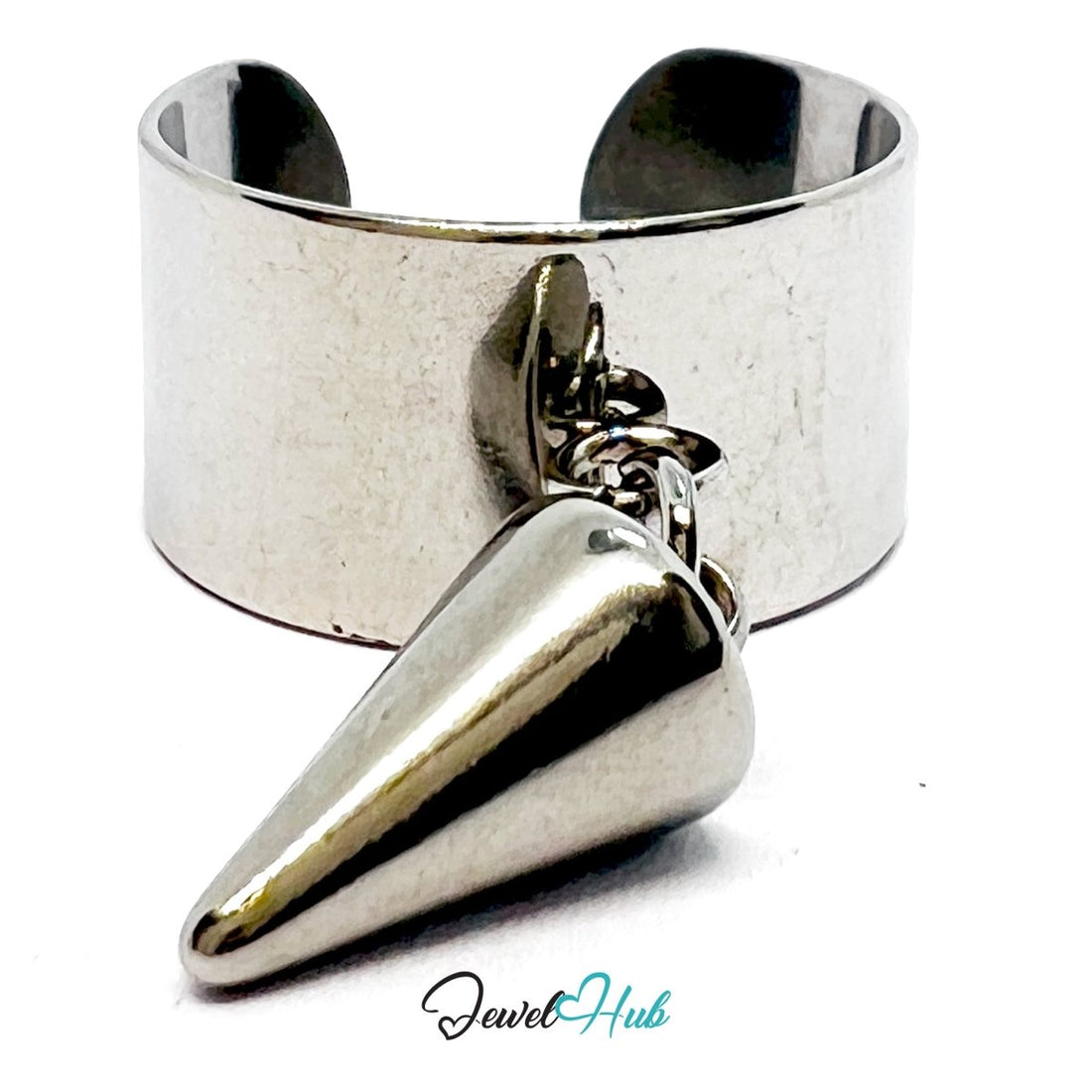 Stainless Steel Cone Charm Ring – Silver - Plated Wide Band, Adjustable Fit - JewelHub.co.uk