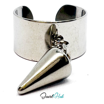 Stainless Steel Cone Charm Ring – Silver - Plated Wide Band, Adjustable Fit - JewelHub.co.uk