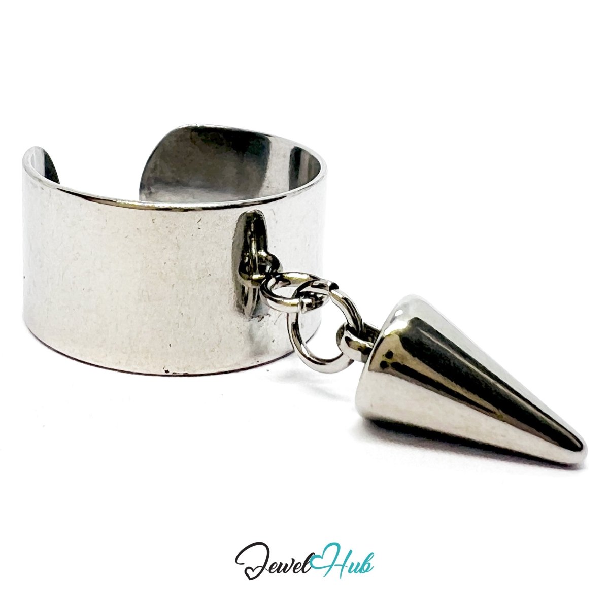Stainless Steel Cone Charm Ring – Silver - Plated Wide Band, Adjustable Fit - JewelHub.co.uk