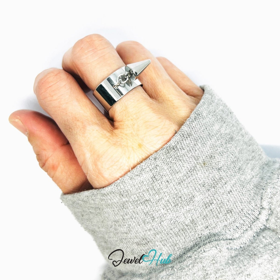 Stainless Steel Cone Charm Ring – Silver - Plated Wide Band, Adjustable Fit - JewelHub.co.uk