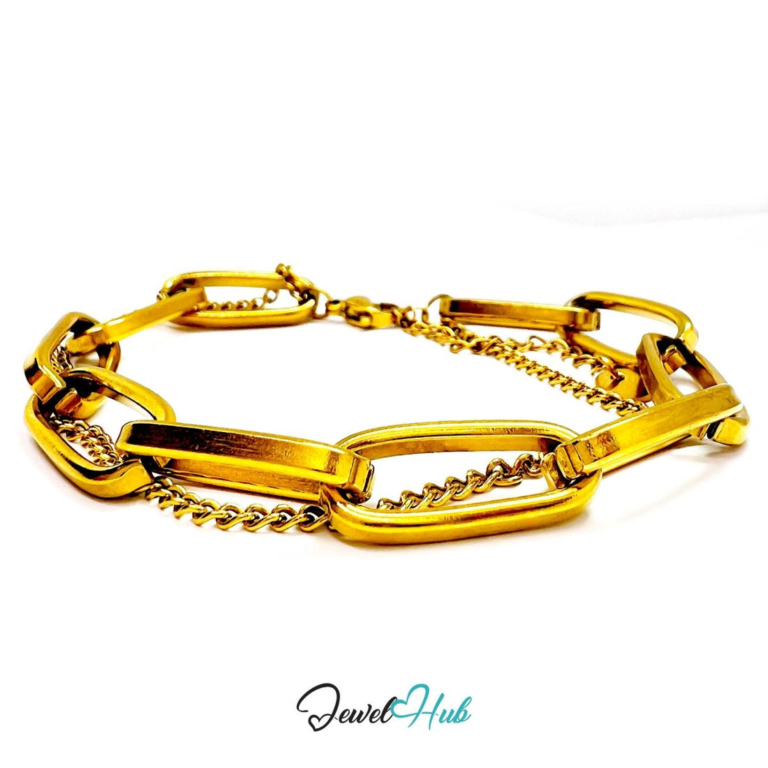 Stainless Steel Dual Chain Paperclip Gold Bracelet - JewelHub.co.uk