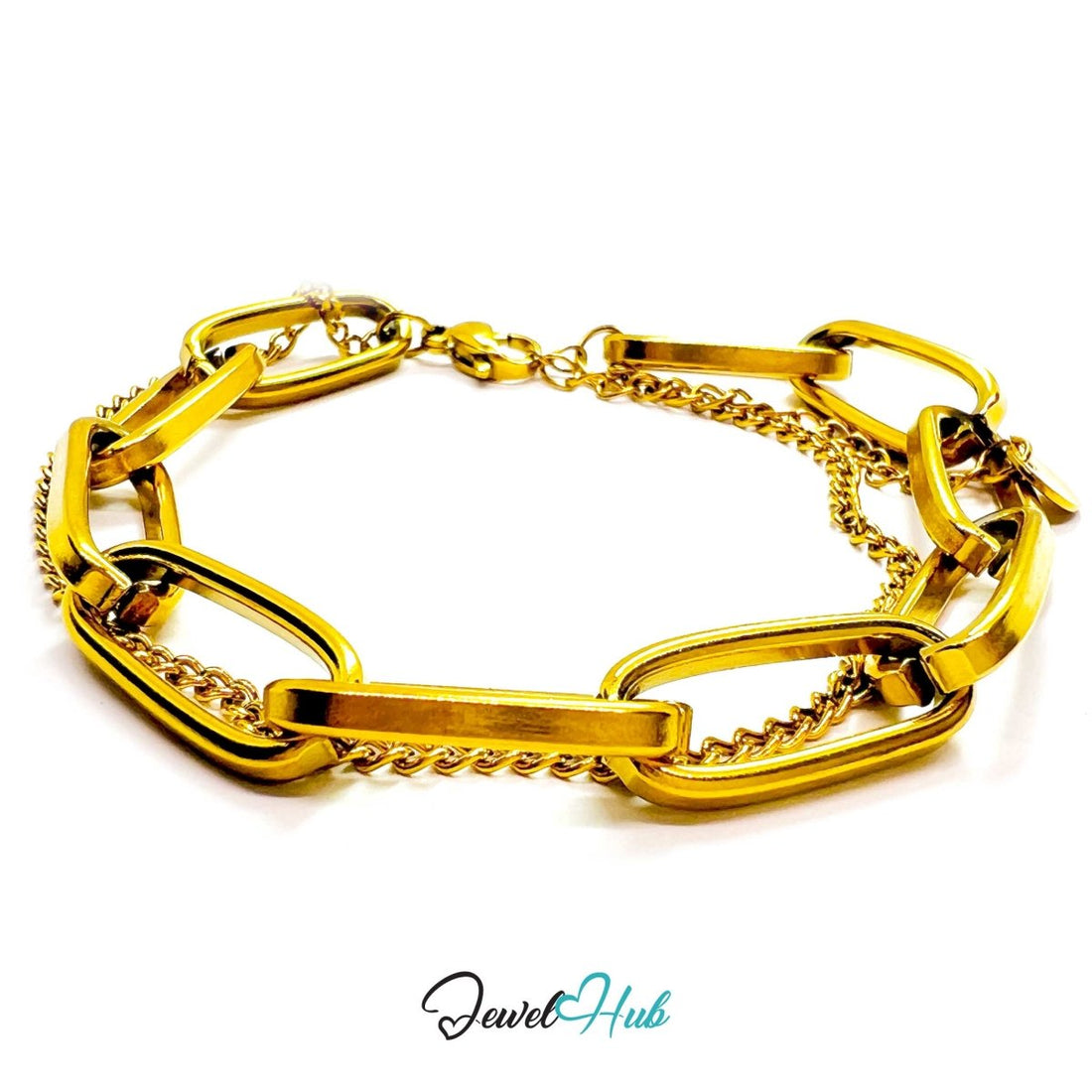 Stainless Steel Dual Chain Paperclip Gold Bracelet - JewelHub.co.uk
