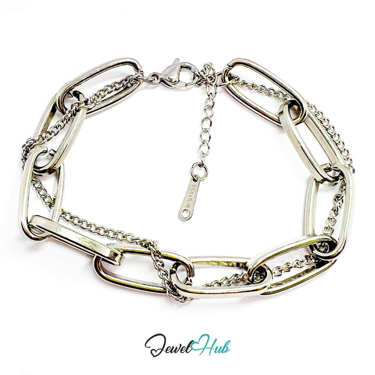 Stainless Steel Dual Chain Paperclip Silver Bracelet - JewelHub.co.uk