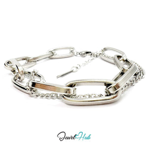 Stainless Steel Dual Chain Paperclip Silver Bracelet - JewelHub.co.uk