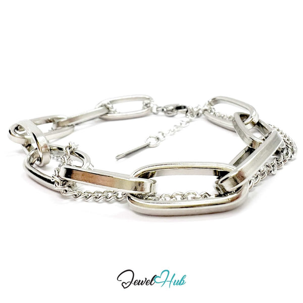 Stainless Steel Dual Chain Paperclip Silver Bracelet - JewelHub.co.uk
