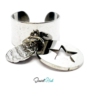 Stainless Steel DuoCharm Cuff Bracelet – Silver - Plated with Star Cutout + Relief Oval - JewelHub.co.uk