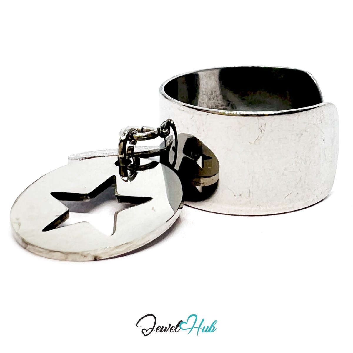 Stainless Steel DuoCharm Cuff Bracelet – Silver - Plated with Star Cutout + Relief Oval - JewelHub.co.uk