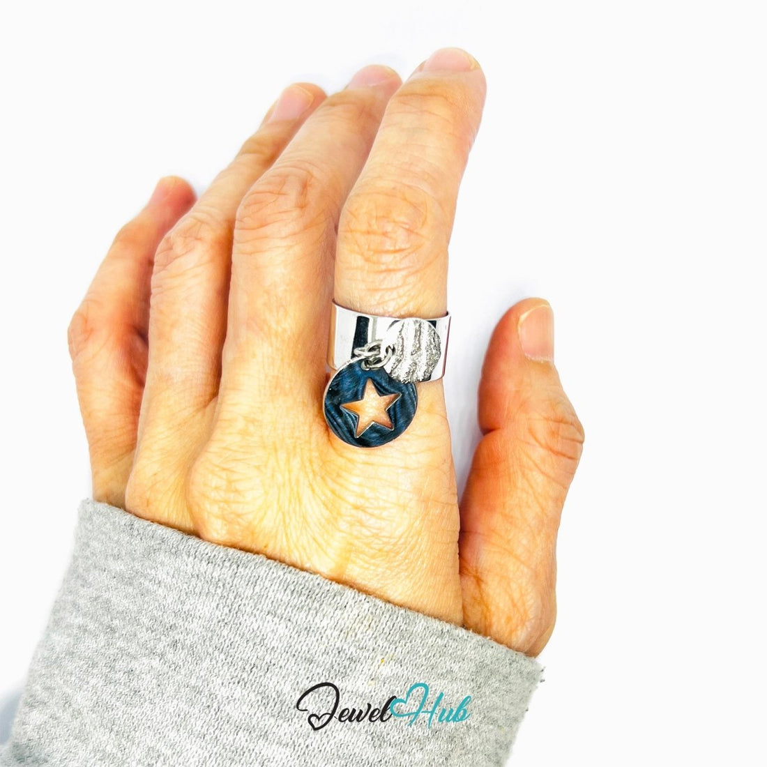 Stainless Steel DuoCharm Cuff Bracelet – Silver - Plated with Star Cutout + Relief Oval - JewelHub.co.uk
