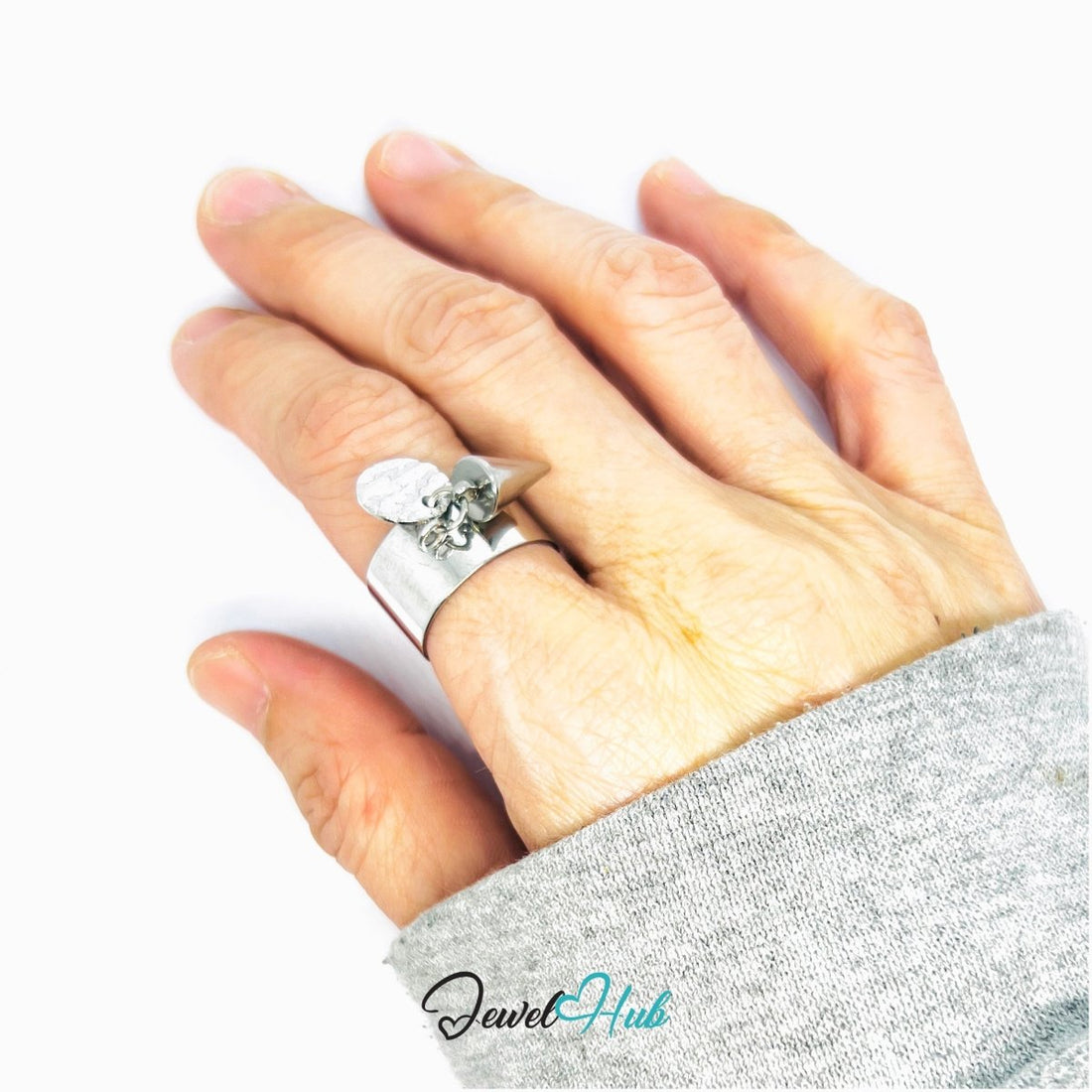 Stainless Steel DuoCharm Ring – Silver - Plated with Cone + Relief Tag - JewelHub.co.uk
