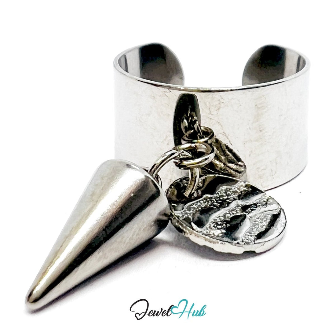 Stainless Steel DuoCharm Ring – Silver - Plated with Cone + Relief Tag - JewelHub.co.uk