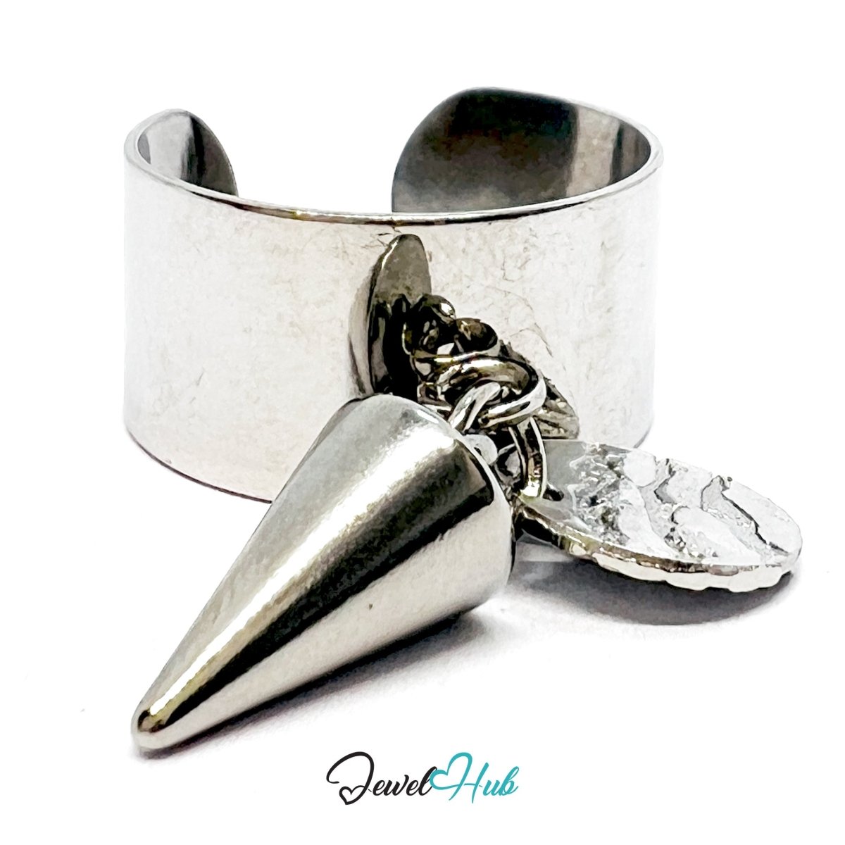Stainless Steel DuoCharm Ring – Silver - Plated with Cone + Relief Tag - JewelHub.co.uk