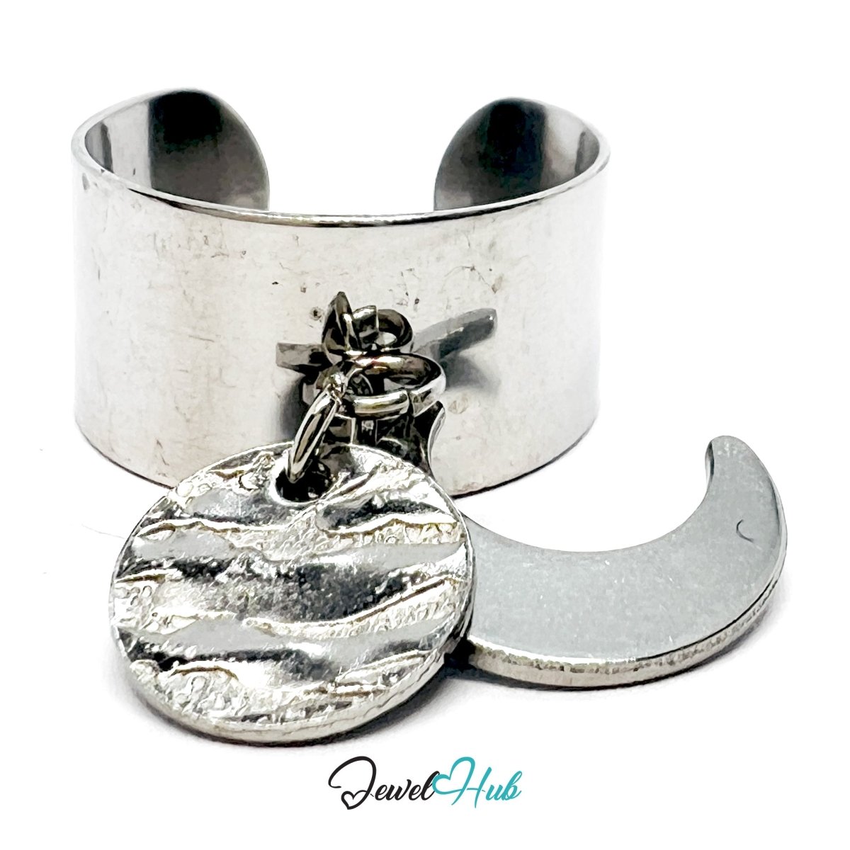Stainless Steel DuoCharm Ring – Silver - Plated with Crescent Moon + Relief Oval - JewelHub.co.uk