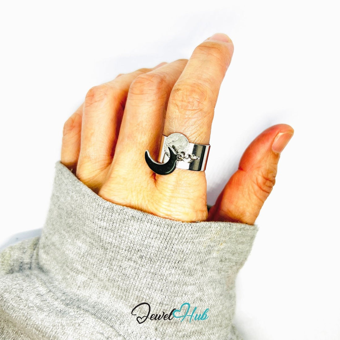 Stainless Steel DuoCharm Ring – Silver - Plated with Crescent Moon + Relief Oval - JewelHub.co.uk