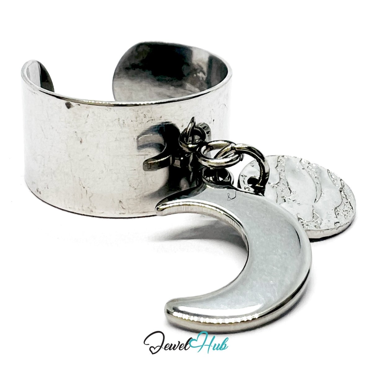 Stainless Steel DuoCharm Ring – Silver - Plated with Crescent Moon + Relief Oval - JewelHub.co.uk