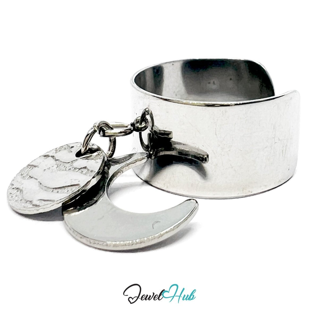 Stainless Steel DuoCharm Ring – Silver - Plated with Crescent Moon + Relief Oval - JewelHub.co.uk