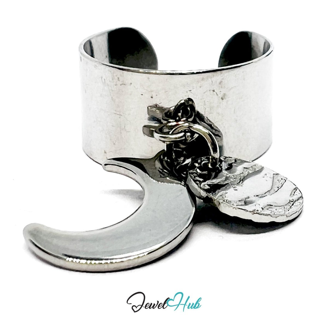 Stainless Steel DuoCharm Ring – Silver - Plated with Crescent Moon + Relief Oval - JewelHub.co.uk