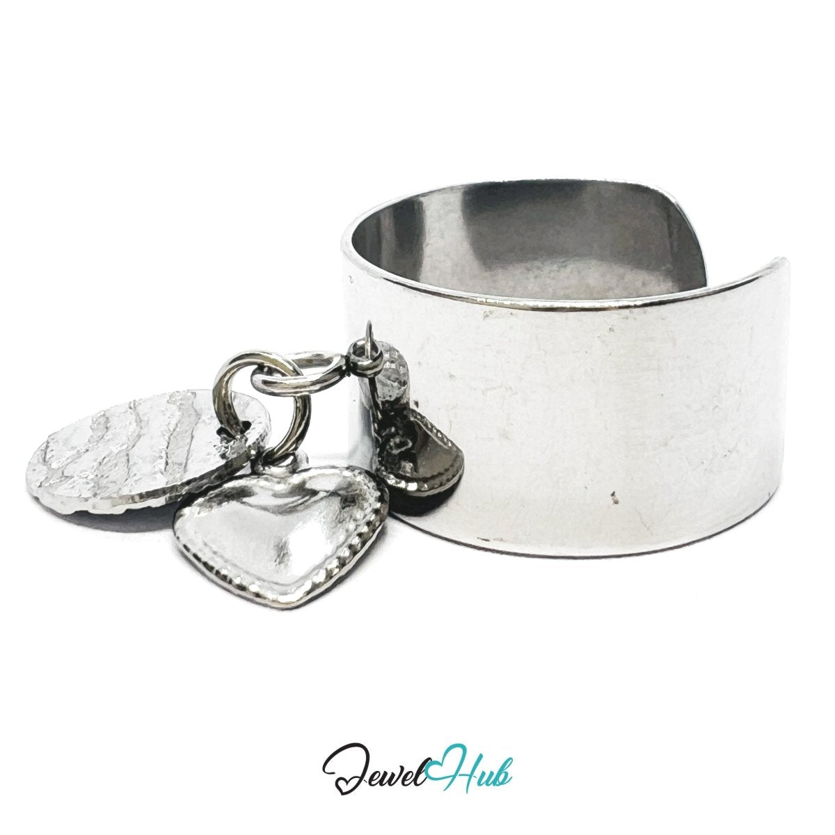 Stainless Steel DuoCharm Ring – Silver - Plated with Heart Accent + Relief Oval - JewelHub.co.uk
