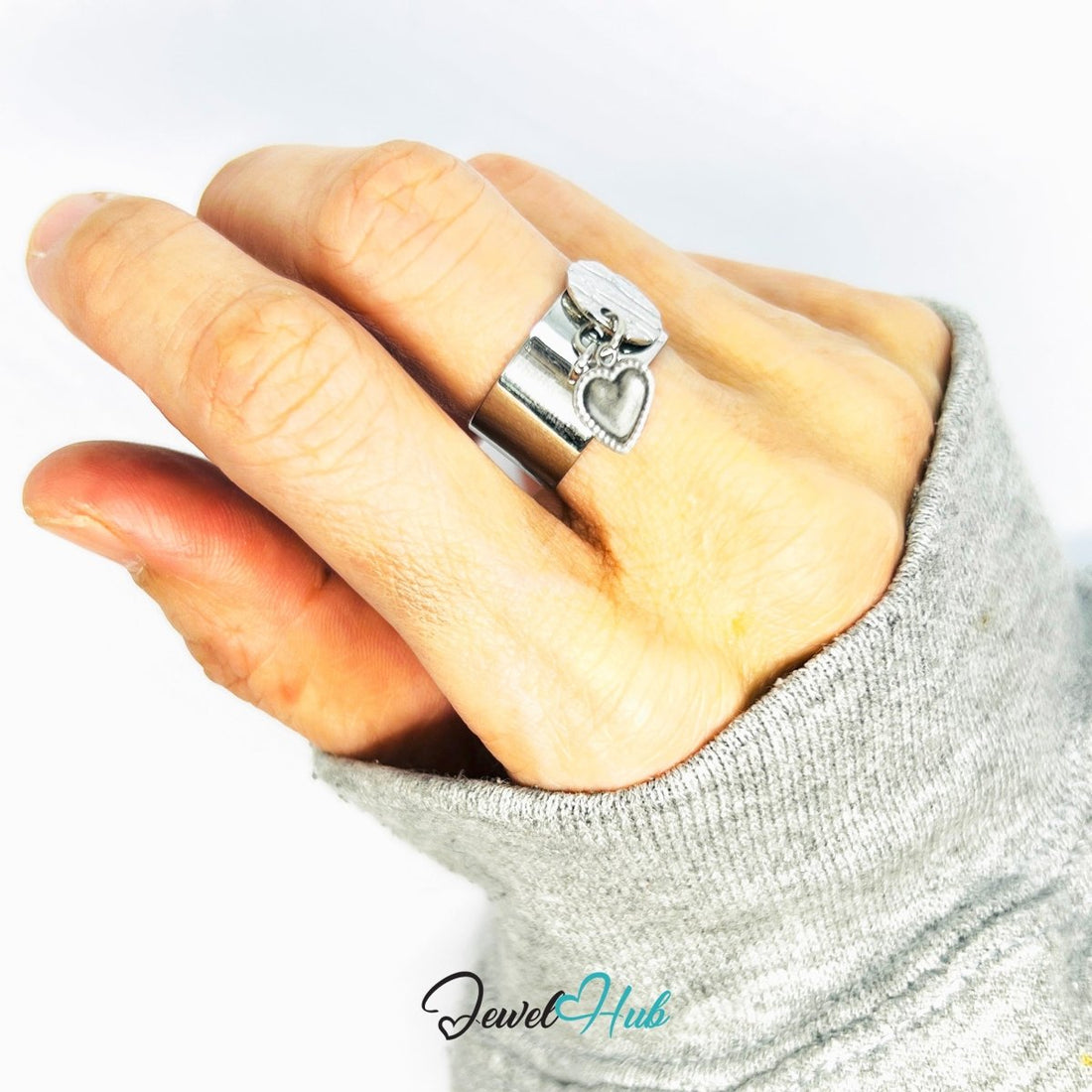Stainless Steel DuoCharm Ring – Silver - Plated with Heart Accent + Relief Oval - JewelHub.co.uk