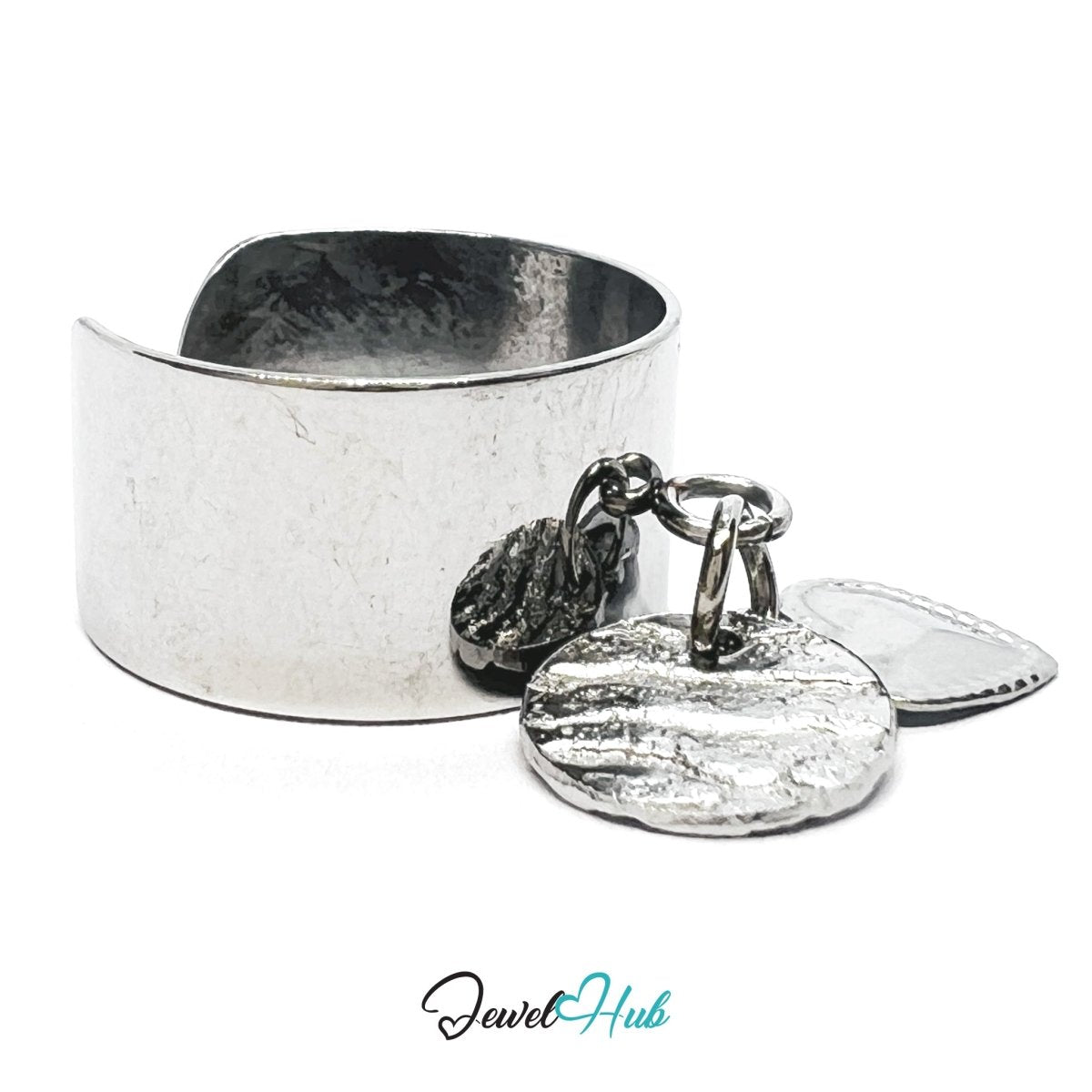 Stainless Steel DuoCharm Ring – Silver - Plated with Heart Accent + Relief Oval - JewelHub.co.uk