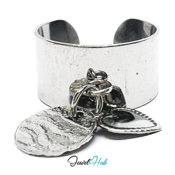 Stainless Steel DuoCharm Ring – Silver - Plated with Heart Accent + Relief Oval - JewelHub.co.uk