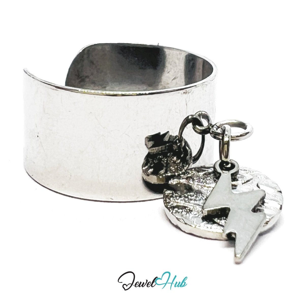 Stainless Steel DuoCharm Ring – Silver - Plated with Lightning Bolt + Relief Disc - JewelHub.co.uk