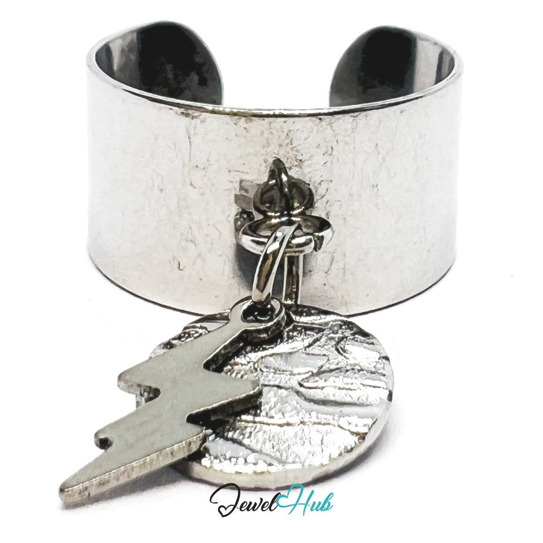 Stainless Steel DuoCharm Ring – Silver - Plated with Lightning Bolt + Relief Disc - JewelHub.co.uk